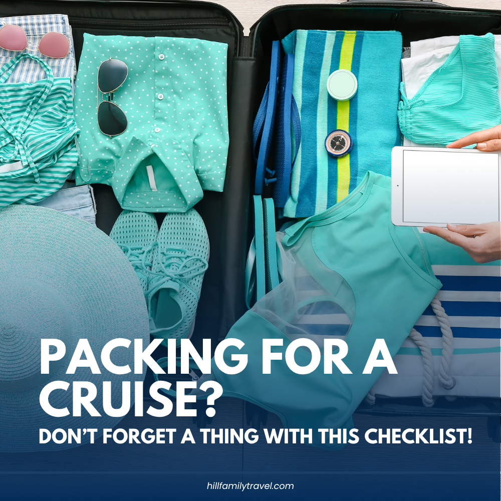 Open suitcase packed with cruise clothing, shoes and travel essentials for a cruise packing checklist.