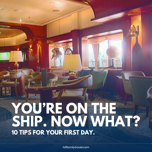 Cruise ship lounge featured in a guide with tips for what to do on the first day of a cruise.
