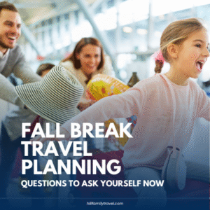 Family with kids excited and running through an airport while traveling for a fall break vacation