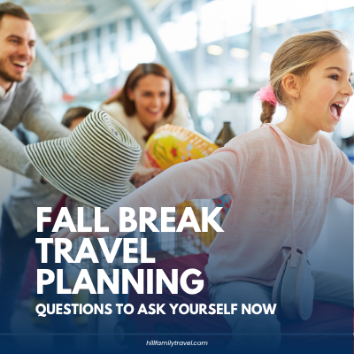 Family with kids excited and running through an airport while traveling for a fall break vacation