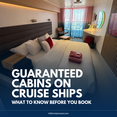 Modern cruise ship cabin with bed, window, and desk setup showing a typical guaranteed stateroom layout