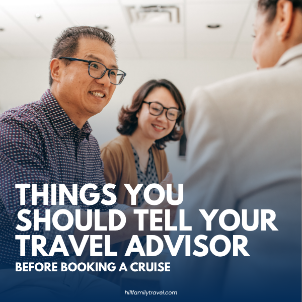 Couple meeting with a travel advisor before booking a cruise vacation.
