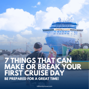 Cruise ship docked at port with travelers walking toward embarkation and text reading “7 Things That Can Make or Break Your First Cruise Day.”